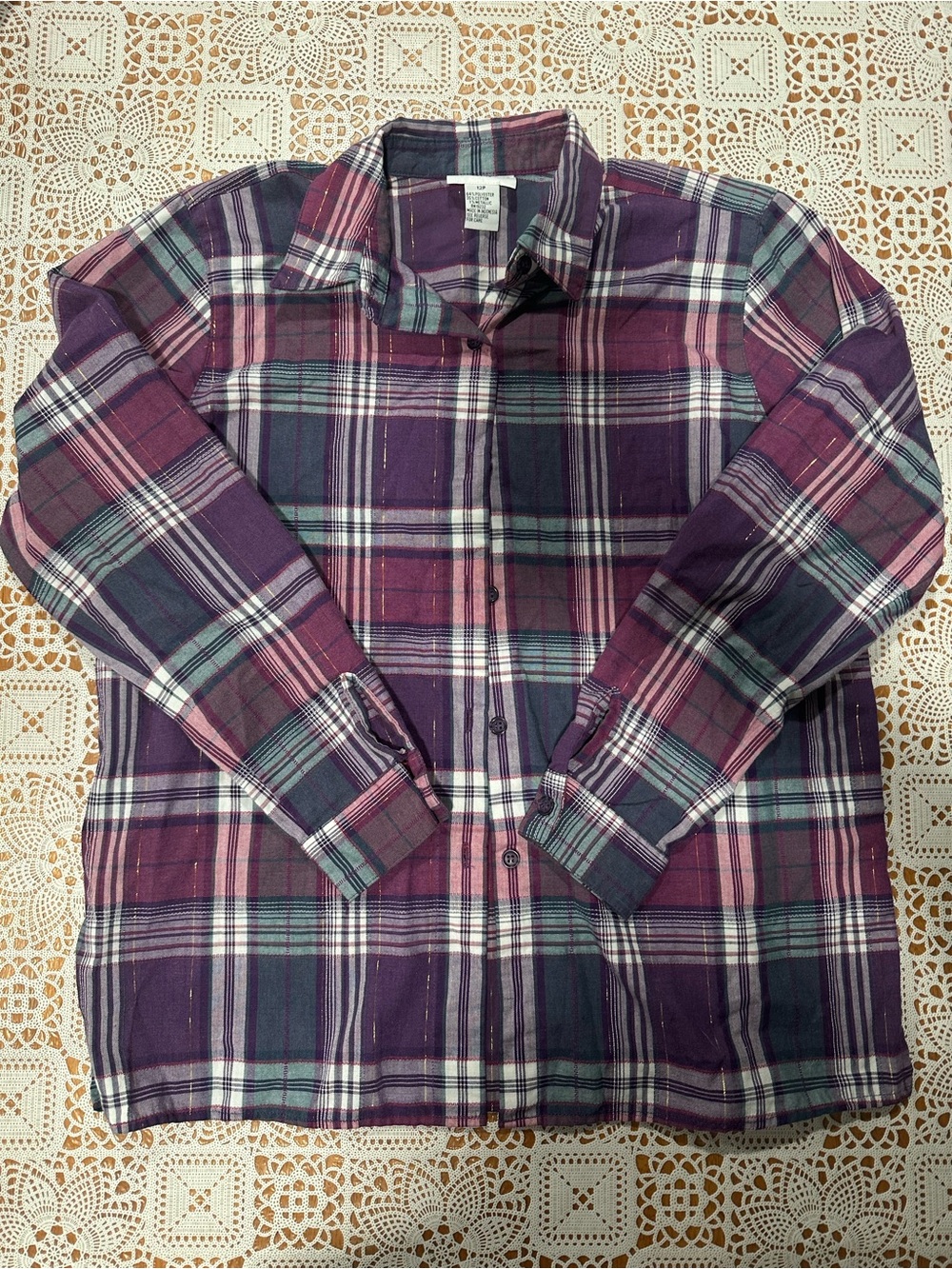 Alfred Dunner Purple Plaid Metallic Button Down Shirt 12P Shoulder Pads